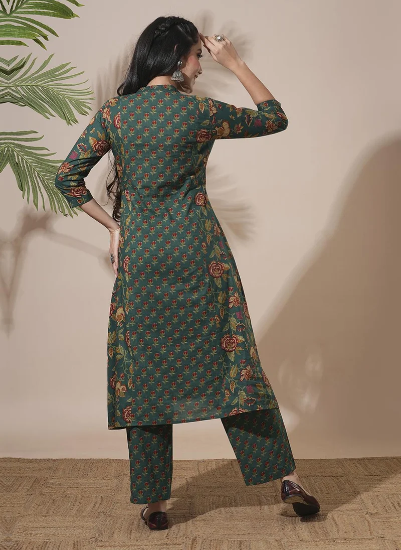 globus Green Globus Women Floral Print Mandarin Neck Panelled A-Line Kurta With Pants Workwear Sets for Women | Best Price UAE